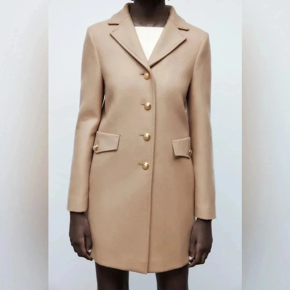 Zara Manteco Premium Wool  Blend Tailored Camel Faux Fur Collar Coat - Picture 9 of 10